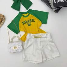 Girls' Outfit Set: Brazil Blouse, Shorts, World Cup Look - Green Blouse With Yellow Sleeves - View 3