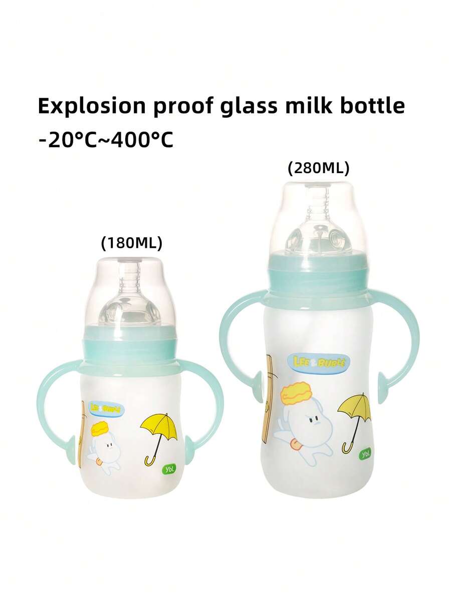 180ml/280ml Anti-Explosion Glass Baby Bottle With Handle, Anti-Colic Nipple, Temperature Resistant -20°C~400°C, Leak-Proof Infant Newborn Feeding Bottle - Multicolor - View 1