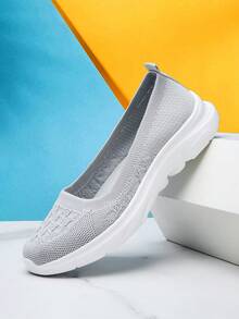 女士透气平底圆头套脚乐福鞋，系带轻便舒适软底低帮休闲运动鞋，春夏款 - 灰白 - 查看 2