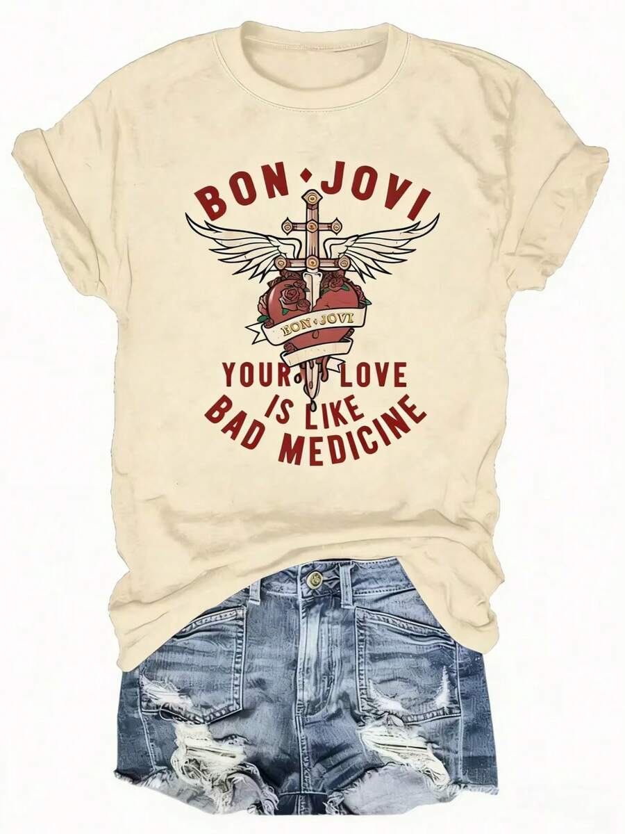 BON JOVI Band Printed Spring/Summer Casual Short-Sleeved Crew Neck T-Shirt, Casual Women's Wear  Fashion Simple T-Shirt For Women - 杏色 - 查看 1