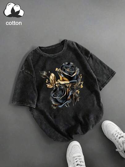 大码女式印花圆领休闲日常短袖T恤