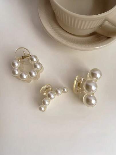 3件套ABS材质韩式珍珠发爪夹，高品质鲨鱼夹发髻器，百搭优雅简约纯色发饰，适合日常、休闲、派对、海滩、度假、发型设计、洗脸/洗头、化妆、服装配饰，秋冬春夏皆宜。