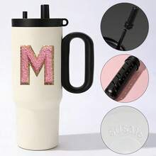 1个冰霸杯，大容量不锈钢恒温水瓶，便携式，26个字母A-Z图案，带吸管手柄 - 白色 - 查看 13