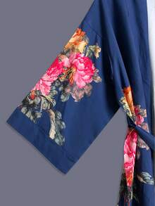 日式玫瑰印花中长款七分袖和服罩衫薄款外套，优雅派对/街头休闲罩衫，沙滩/度假装，轻薄长袍，含腰带，春季款 - 寶藍色 - 查看 5