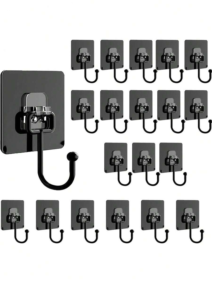 20 Pcs Acrylic Large Command Hooks, Strong Bearing Capacity Multi-Purpose Black Heavy Duty Stick On Wall And Door Hooks For Keys Towel Bathroom Home Kitchen