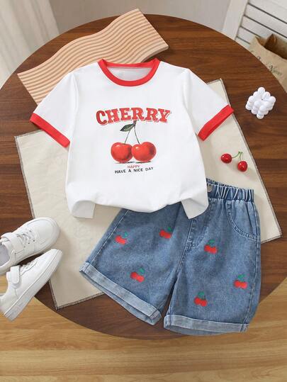2pcs/Set Tween GirlsCasual Loose Cherry Letter Print Round Neck Short Sleeve T-Shirt + Denim Cherry Loose Shorts Suit, Summer Daily Wear