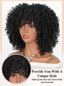14英寸短款卷曲非洲假发，带刘海，女士蓬松卷发假发，非洲合成全头假发，无需胶水，长款蓬松卷发 - 黑色 - 查看 4