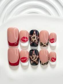 10件套精美豹纹手工美甲套装，包含亚克力美甲贴纸、唇印贴纸、豹纹美甲贴纸、红色星星细边美甲装饰、红色指甲油、白色指甲油，以及美甲工具（1张果冻贴纸+1把指甲锉）。三种尺寸可选：方形、短方形、杏仁形。适合春夏、外出、派对、日常、通勤、聚会、摄影等场合。美甲用品。 - 彩色 - 查看 4