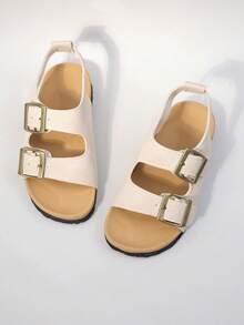 Girls' Beige Suede Double Buckle Sandals, Open Toe Cork Footbed Summer Shoes For Kids - Apricot - View 4