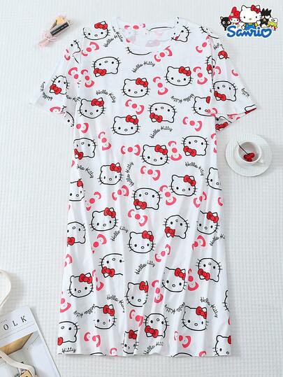Cute Print Short Sleeve Nightgown, Loose & Breathable For Home Wear, Spring/Summer