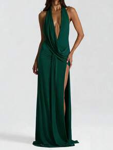 Women's Elegant Yellow V-Neck Sleeveless Ruched Open Back High Slit Dress, Suitable For Party And Evening Wear, Spring/Summer Wedding - Dark Green - View 11