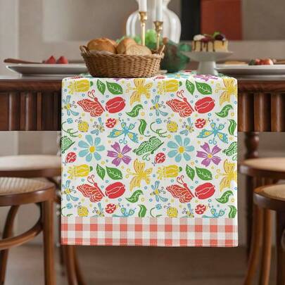 1件简约蝴蝶花卉印花桌旗，涤纶纤维，长方形，节日餐桌装饰布，家居装饰，厨房餐桌装饰，房间装饰，桌旗