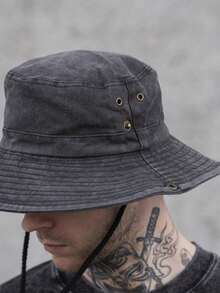 1Pc Men's Solid Color Bucket Hat Wide Brim Summer Sun Protection Portable For Outdoor Panama Hat With Adjustable Chin Strap - Multicolor - View 4