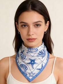 1条65*65厘米方形丝巾，女士缎面仿丝夏季沙滩清新优雅贝壳印花，多功能，可作领巾、头巾、披肩。 - 彩色 - 查看 2