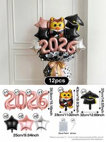 12 pièces/set Ballons de décoration pour fête de remise des diplômes, bouquet de ballons 4 styles, mini hibou docteur/bonnet de graduation/"Tu l'as fait" rond/ballons étoiles 10 pouces or/noir/argent/or rose, 2026, cérémonie de remise des diplômes - Voir 11