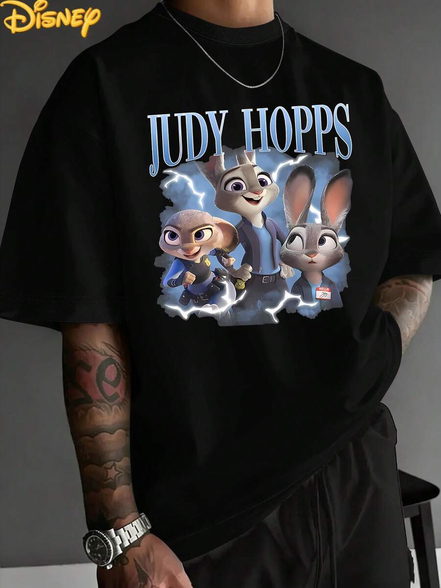 Disney Judy Hopps Multi-Image Collage: Lightning Effect Officer Theme Print Men's T-Shirt. Stylish Design, Simple And Versatile, Full Of Fashion Sense, Round Neck, Men's Pure Cotton T-Shirt With Bound Edges, Summer Casual. - Black - View 1