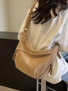 Fashionable Yellow Nylon Waterproof Shoulder Bag With Simple & Casual College Style, Wide Strap, Multiple Zipper Design Suitable For Students, Shopping, Daily Use, Shoulder Bag For School - Màu Khaki - Xem 8
