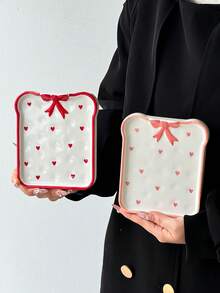 1pc/4pcs Pink Heart & Bow Ceramic Plate, Cute Hand-Painted Heart Ceramic Plate/Snack Dish/Trinket Tray, Korean Ins Style - Multicolor - View 9