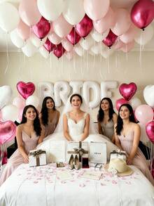 Conjunto de Balões para Decoração de Noiva 18/52/57 Peças - Faixa BRIDE Branca de 40 Polegadas + Balões de Látex Rosa Choque, Rosa Macaron e Branco Fosco + Pétalas de Tecido Não Tecido Reforçado + Balões de Folha em Formato de Coração Perfeitos para Decoração de Quarto de Despedida de Solteira, Chá de Panela, Casamento, Cabine de Fotos de Casamento, Suprimentos para Noiva - Multicolorido - Visão 5