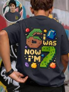 New Spring/Summer Boys Cute Game Style "67" Graphic Round Neck Short Sleeve T-Shirt, Children Printed Tee - Grey - View 1