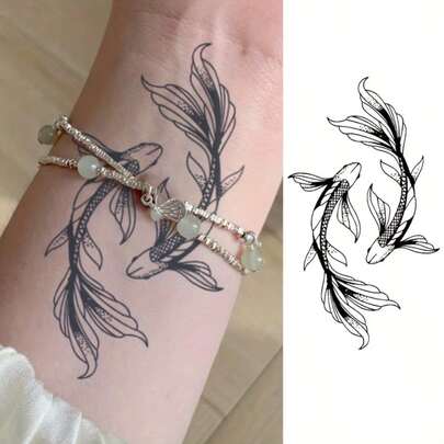 Tatuaje temporal de pez koi, pegatina de tatuaje herbario impermeable de larga duración y sin reflejo para manos, brazos, piernas, unisex