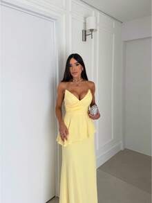 Luxury Strapless Dress In Structured Crepe - Perfect For Bridesmaids And Gala Events - Yellow - View 4