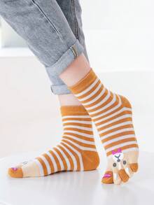 1/2/3/5 Pairs Women Colorful Striped Cat Pattern Cartoon Cute & Fun Toe Socks - Multicolor - View 3