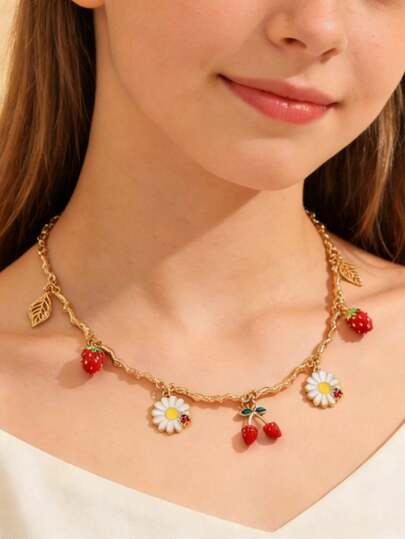 1条甜美草莓、樱桃、雏菊装饰链项链，精致颈链，适合日常佩戴、约会、派对、音乐节，是送给朋友或孩子的绝佳礼物