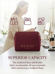 Gucci 1个中号酒红色天鹅绒拉链收纳包 - 奢华优雅风格，金色箔印Logo细节，长方形，多功能化妆包，适合日常使用和旅行 - 紅色 - 查看 8
