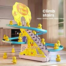 1pc Cute Automatic Electric Track Slide With Music & Lights, Yellow Duck Climbing Stairs Design, Manual Track Installation Required (2 X AA Batteries Needed) - Multicolor - View 2