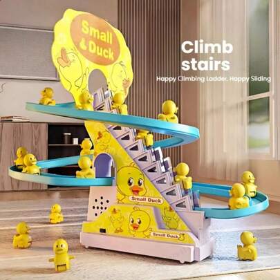 1pc Cute Automatic Electric Track Slide With Music & Lights, Yellow Duck Climbing Stairs Design, Manual Track Installation Required (2 X AA Batteries Needed)