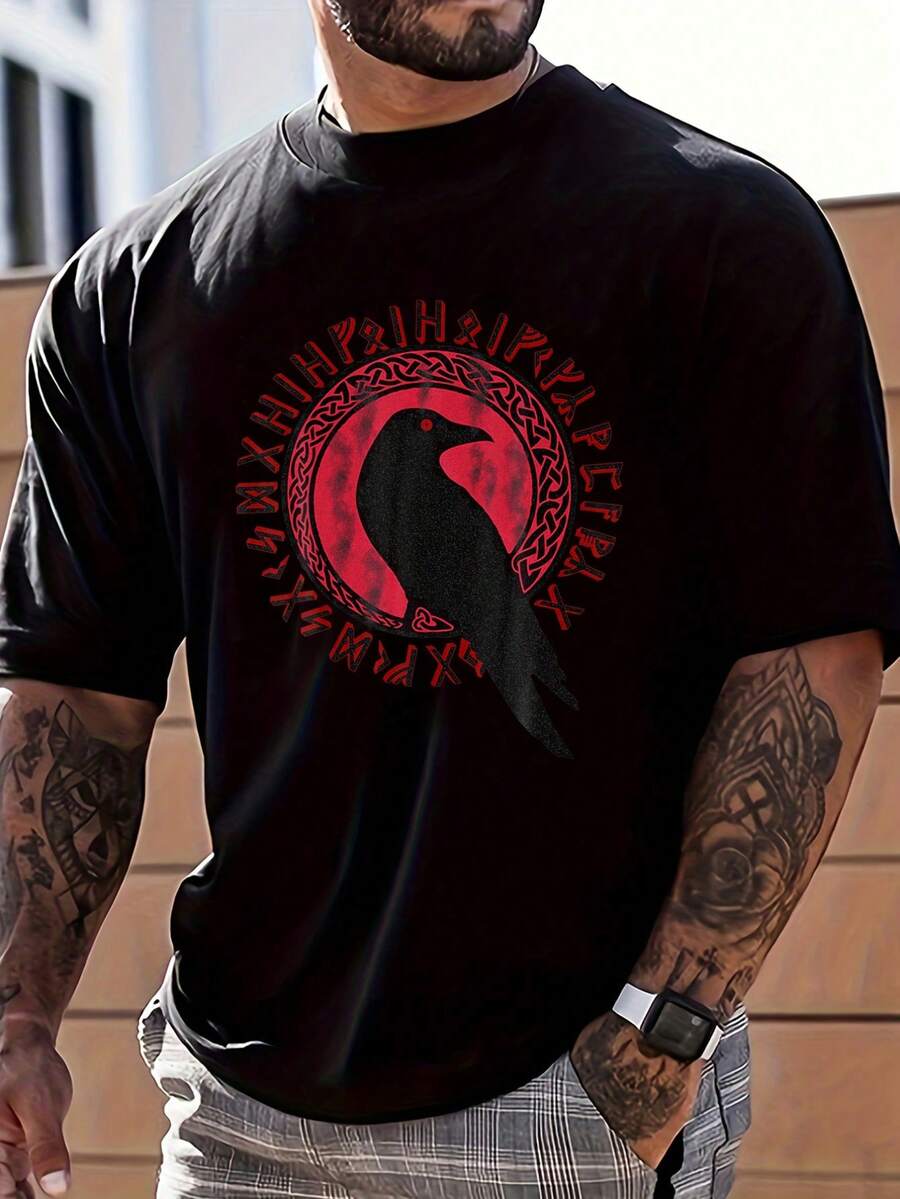 Maglietta nera con stampa vichinga e corvo in morbido cotone, vestibilità comoda, casual, comoda, stampa grafica unica, nuova uscita. - nero - Visualizzare 1