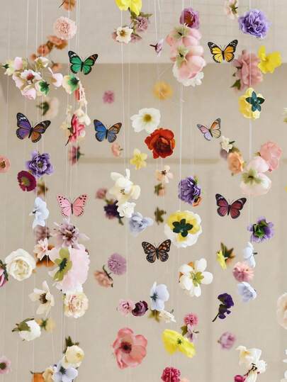 MEHELANY 25件装混合悬挂式花环，含3D蝴蝶，DIY蝴蝶装饰天花板花卉套装，含鱼线野花绿叶漂浮花卉背景装饰，适用于DIY野花植物主题、生日、婚礼、派对礼品、悬挂式天花板装饰、情人节、新娘送礼会、生日房间装饰、婚礼摄影道具（随机）