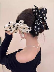 1个女士柔美法式波点大蝴蝶结发爪夹，新款优雅发爪发夹，适合日常使用 - 彩色 - 查看 3