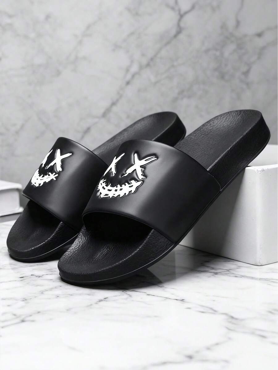 2026春夏新款男士软底大码拖鞋，尺码47，小码拖鞋36，防滑耐磨拖鞋，EVA轻便弹性软底，室内休闲人字拖48，户外沙滩凉鞋49，笑脸图案套脚拖鞋50 - D-黑色 - 查看 1