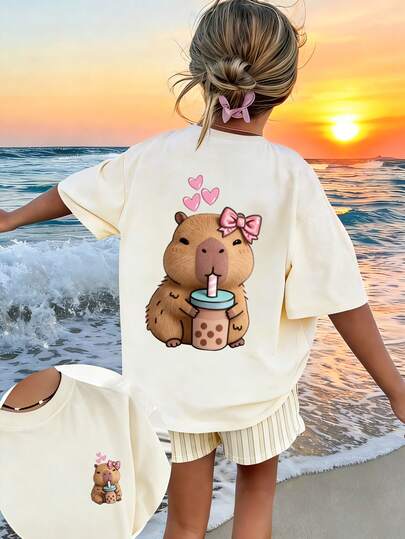 1pc Tween Girl Drink Graphic Print Short Sleeve T-Shirt, Student Youth , Summer For Kids