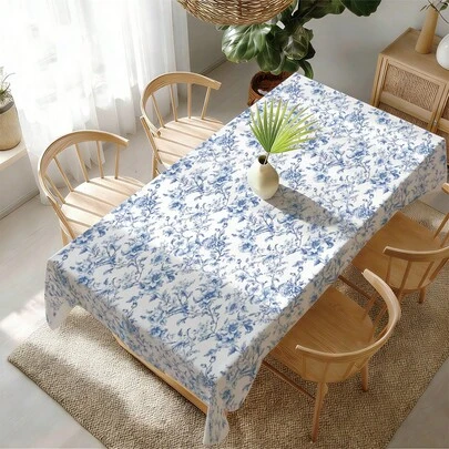 1pc Blue Ink Floral Printed Tablecloth, Fresh And Elegant Chinese Style Flower Tablecloth, 55.12*86.61in(140*220cm)/55.12*70.87in(140*180cm)/55.12*55.12in(140*140m)/35.43*55.12in(90*140m), Made Of Waterproof And Stain-Resistant Polyester, Suitable For Picnic, Camping, Party, Buffet, Home Decor, Tabletop Decoration, DIY