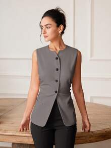 Áo vest không tay ôm sát, thanh lịch, quyến rũ, phong cách cổ điển dành cho nữ, áo croptop công sở thường ngày, thích hợp cho mùa xuân/hè. - Xám - Xem 7