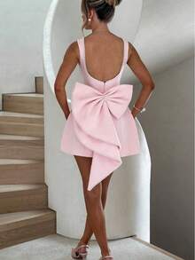 New Summer Women's Pearl Bow Back Fashionable Slim Fit Short Dress Hot Girl A-Line Dress - 粉色 - 查看 4