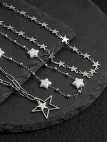 3件套哥特风仿珍珠星星吊坠项链套装（女士款） - 銀色 - 查看 4