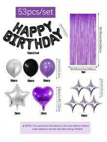 Juego de 50/53 globos de tema morado y negro para cumpleaños feliz, incluye globos de 16 pulgadas con letras "Happy Birthday", corazones morados, globos con forma de corazón plateados, globos morados, negros y plateados, adecuado para fiestas de cumpleaños, gender reveal, bodas, graduaciones, decoración de fiestas, fondos para photobooth, suministros para fiestas en el hogar - Multicolor - Ver 2