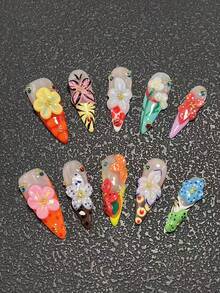 10 Pieces 3.3cm Handmade High-Heeled Nail Suit, Paired With Flowers, Butterflies, Spots, And Various Decorations, Suitable For Women And Girls, Valentine's Day, Parties, Festivals, And Daily Wear. Nail Accessories, Acrylic Nail Kit, Including Kit, Hand Pressed Nail Art, Fake Nail Stickers, And Nail Supplies. Press On Nails - Multicolor - View 1