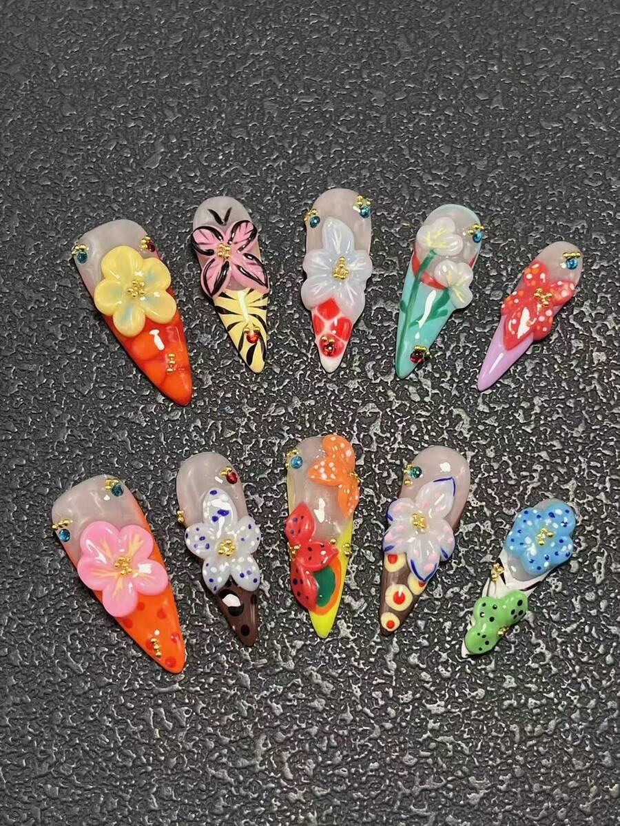 10 Pieces 3.3cm Handmade High-Heeled Nail Suit, Paired With Flowers, Butterflies, Spots, And Various Decorations, Suitable For Women And Girls, Valentine's Day, Parties, Festivals, And Daily Wear. Nail Accessories, Acrylic Nail Kit, Including Kit, Hand Pressed Nail Art, Fake Nail Stickers, And Nail Supplies. Press On Nails - Multicolor - View 1
