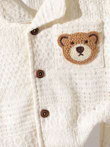 幼儿男童可爱棕熊短袖开衫透气针织套装，白色镂空 - 杏色 - 查看 5