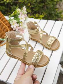 Best Selling Kids Champagne Glitter Ankle Strap Sandals With Zipper & Buckle Closure Open Toe Summer Flat Shoes - Champagne - View 3