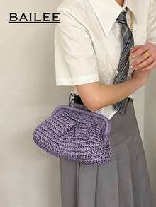 BAILEE 春夏新款一体式手拿包，手工编织草编，饰以海洋风装饰，多色草编夹扣，可拆卸金色链条肩带，女士单肩包、斜挎包、手拿包，适合海滩休闲度假、购物、派对、婚礼招待会、送礼，可搭配各种服饰 - 彩色 - 查看 10