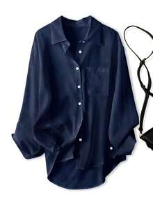 Women's Casual Loose Long Sleeve Shirt, Suitable For Work And Commute, Spring/Autumn - Navy Blue - View 4