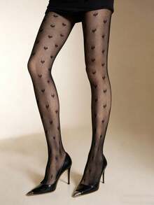 1双黑色渔网袜，心形提花性感爱心图案，日常穿着 - 彩色 - 查看 1