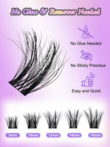 120片免胶可重复使用自粘蓬松猫眼假睫毛，8-16mm混合长度套装，簇状假睫毛，预粘蓬松睫毛延长，自然纤长D卷猫眼假睫毛，免胶防卸妆假睫毛 - 黑色 - 查看 6
