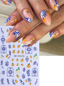 3pcs 3D Fruit Nail Stickers, Orange Lemon Blue Geometric Pattern Diamond & Circle French Design, Summer Spring 3D Self-Adhesive Nail Art Decals For Salon & DIY - Multicolor - View 4